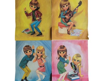 Vtg Eve Big Eye Art Prints Musical Dancing Set of 4 MCM Mod Kids 1960s Retro