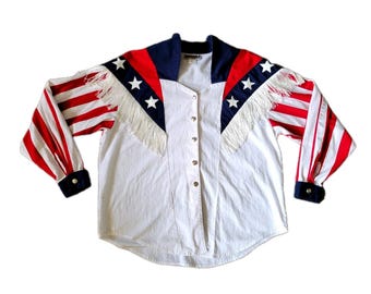 Vintage 90s Womens Western Shirt Panhandle Slim Tassels American Flag USA Large