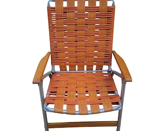 Vintage Mid Century Folding Lawn Chair Orange Vinyl Tubing Webbing Wood Arms