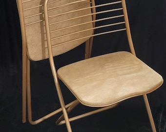 2 Vtg Cosco Stylaire Gold Metal & Vinyl MCM Folding Chairs Of 2 Beige Ladderback
