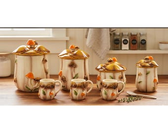 Vintage 70s Homco Mushroom Canister Set with Mugs 7 Piece Ceramic Kitchen Japan