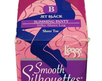 Meia-calça modeladora vintage Leggs preta em nylon, silhueta suave, tamanho B.