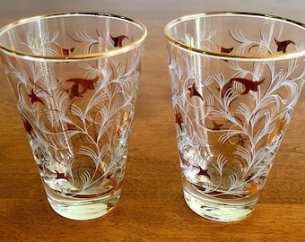 Vintage 50s Libby Royal Fern Gold White Old Fashioned Cocktail Glasses Set Of 2