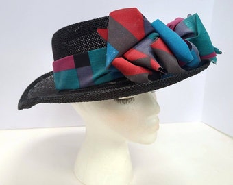 Vintage Straw Wide Brim Sun Hat w/ Bow GTH Golf & Tennis Headwear Co. Black