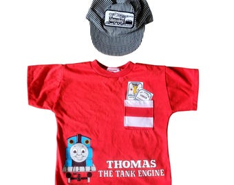 Maglietta e cappello da macchinista vintage di Thomas il Trenino del 1993, taglia 6 per bambini, colore rosso.
