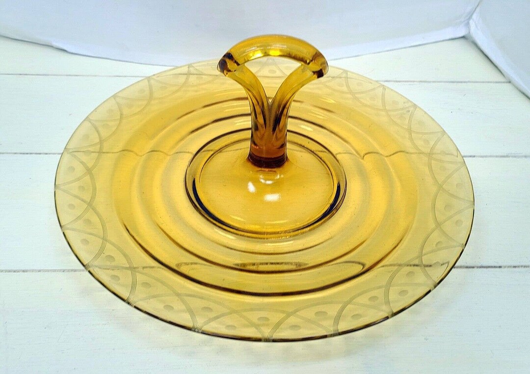 Vintage Amber Glass Serving Tray Center Carry Handle Sandwich Dish