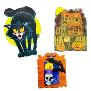 Lote original de los años 60 y 70, VTG, de Halloween, troquelado de cartón, casa embrujada, calavera, murciélago, gato