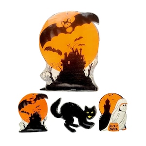 Lot original des années 1970 VTG Halloween découpes en carton chauves-souris hantées chat picorer