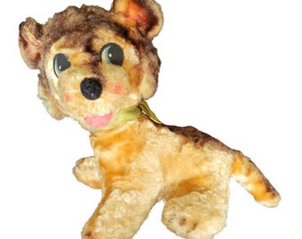 Vtg 1950s Japan Mohair Dog Plush Wood Wool Stuffed Carnival Prize Bear Puppy