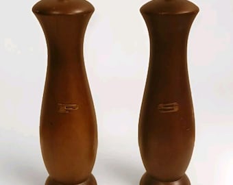 Vintage MCM Salt Pepper Shakers Wood Gold Tone Mid Century Modern