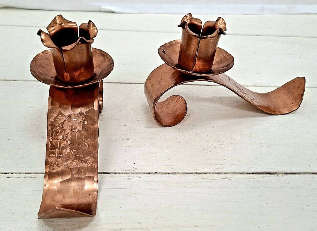 Vintage Hammered Copper Candle Holders Schaefer Handmade Set Etsy