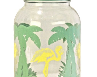 Vintage Beverage Drink Dispenser Sun Tea 1 Gallon Glass Jug Flamingo Palm Trees