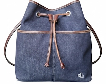 Vintage Lauren RALPH LAUREN Denim Leather Bucket Drawstring Purse Bag