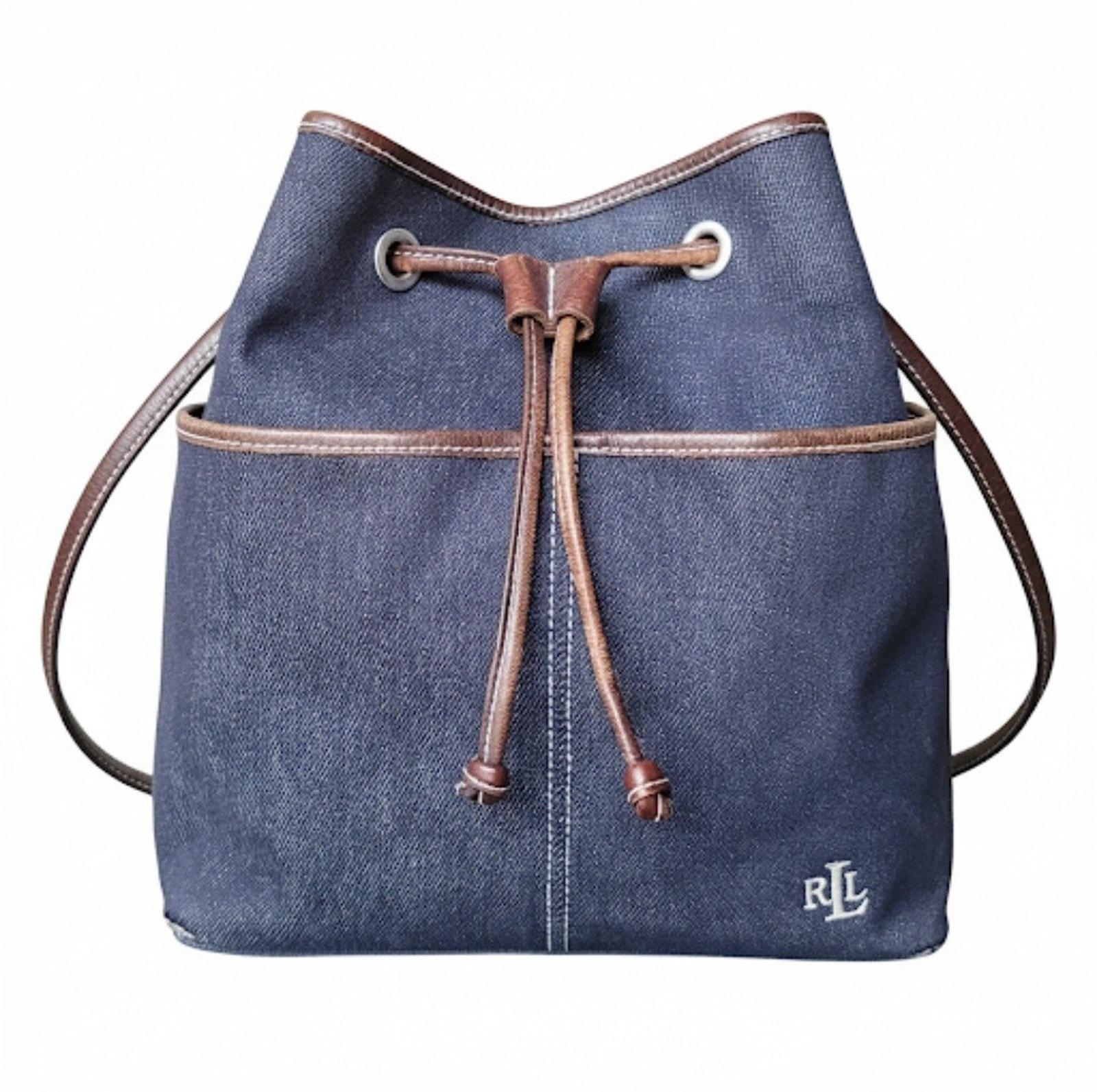 Vintage Lauren RALPH LAUREN Denim Leather Bucket Drawstring Purse 