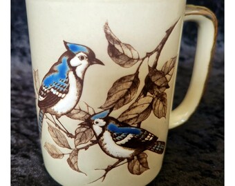 Vintage Otagiri Blue Jay Bird Stoneware Coffee Mug Brown Drip Glaze Handle