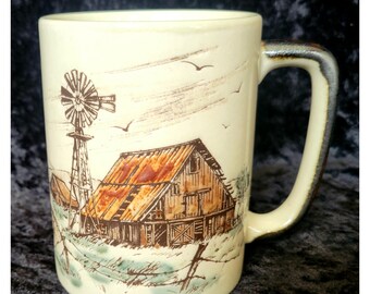 Vintage Otagiri Rustic Farm Stoneware Coffee Mug Barn Windmill Countryside