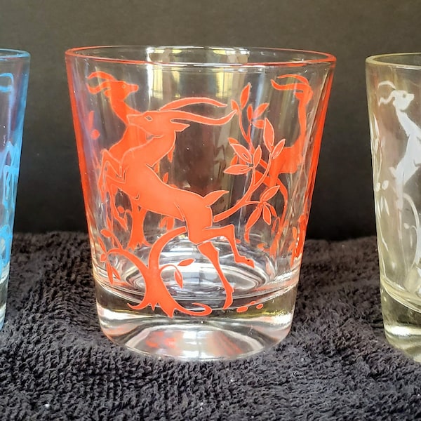 Vintage Mid Century Gazelle Barware Federal Lowball Glasses Red Blue White. Choose color and amount