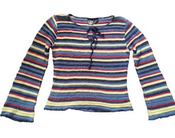 Vintage Rue21 90s Striped Rib Knit Sweater Long Sleeve Tie Front Y2K Grunge USA