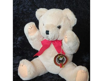 Vtg Shanghai Dolls Factory Cream  Wool Teddy Bear Plush Red Ribbon Medallion Tag