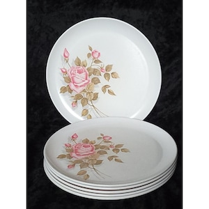 6 Vtg MCM Melmac Pink Rose 10" Dinner Plates Melamine 8201-10 Boonton