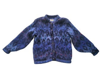 VTG Blarney Woollen Mills Irish Mohair Wool Cardigan Sweater Blue Lined 80s