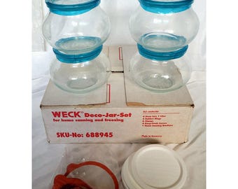 WECK 748 Deco Jar Set 4 Glass Canning Jars 1L 1 Liter Lids Clamps Rings Box