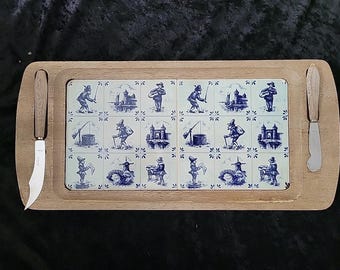 Delft Blue Cheese Tray Tiles On Wood with Elesva Knives Vintage Dutch Holland