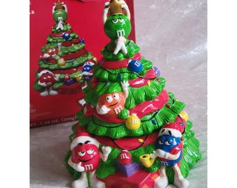 Vintage 2002 M&M's Christmas Tree Cookie Jar Galerie Ceramic with Box