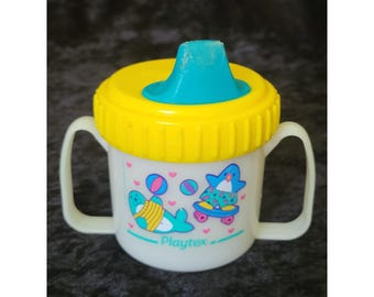 Vintage Playtex Sippy Cup Seal Penguin Skater Yellow Lid 2 Handle 90s
