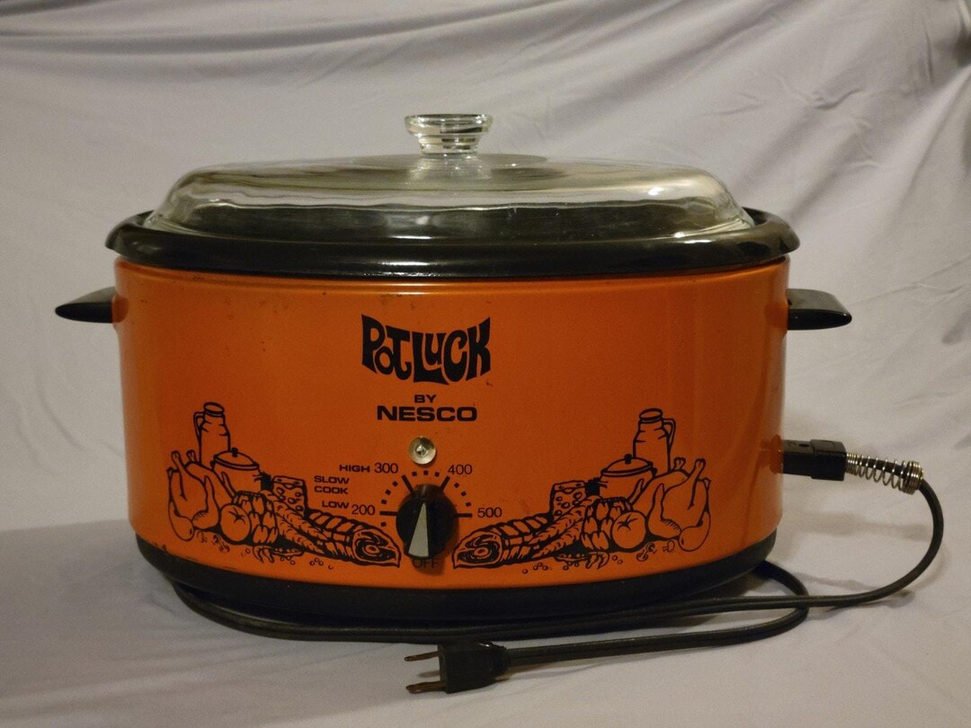 Vtg Nesco POT LUCK 5-quart Slow Cooker 1960s Orange Metal Liner Glass ...