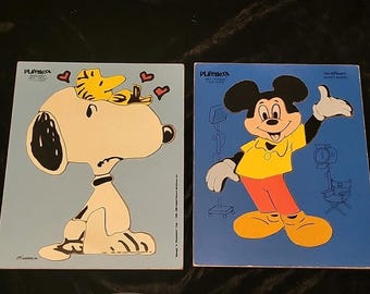 Vintage 1965 Playskool Mickey Mouse And Snoopy & Woodstock Wooden Puzzles.