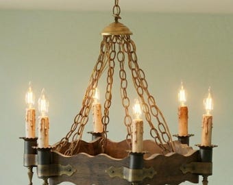Vtg Spanish Revival Wagon Wheel Chandelier Medieval Gothic Wood Brass 6 Light