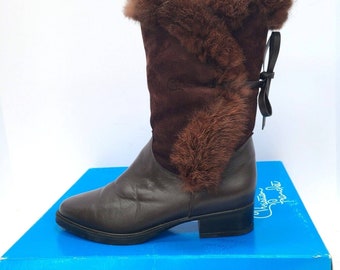 Womens Leather Suede Boots Size 7 Fur Trim Christian Franchet Brown Boot