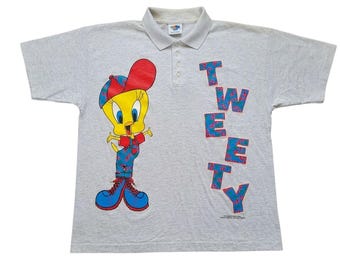 Vtg 90s Looney Tunes Hip Hop Tweety Bird Gray Polo Shirt Sz Large Warner Bros