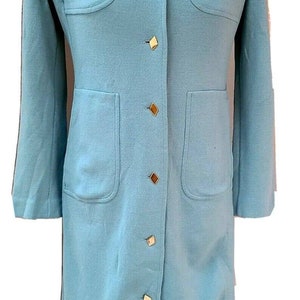 Vintage Long Dress Coat Jacket Women Blue Virgin Wool Size Medium Button Up