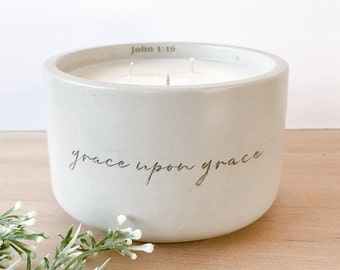 Large 18oz Handcrafted Concrete Bible Verse Candle | grace upon grace | John 1:16 | Christian Gift | Encouragement Gift | Scripture Candle