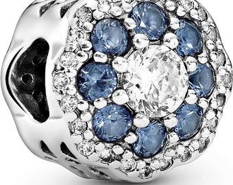 Blue Sparkle Flower  Authentic Pandora Silver Crystals Charm .925 Sterling Silver