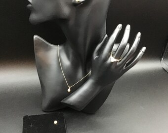 14K Gold Pearl Jewelry Set Real Pearls Diamond Accent Necklace, Ring, Earrings