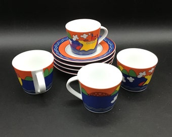 Set of 4 Tognane porcellane coffee cups and saucers porcelain espresso cups made in Italy whimsical kitchenware Bridge and Ship on the Sea