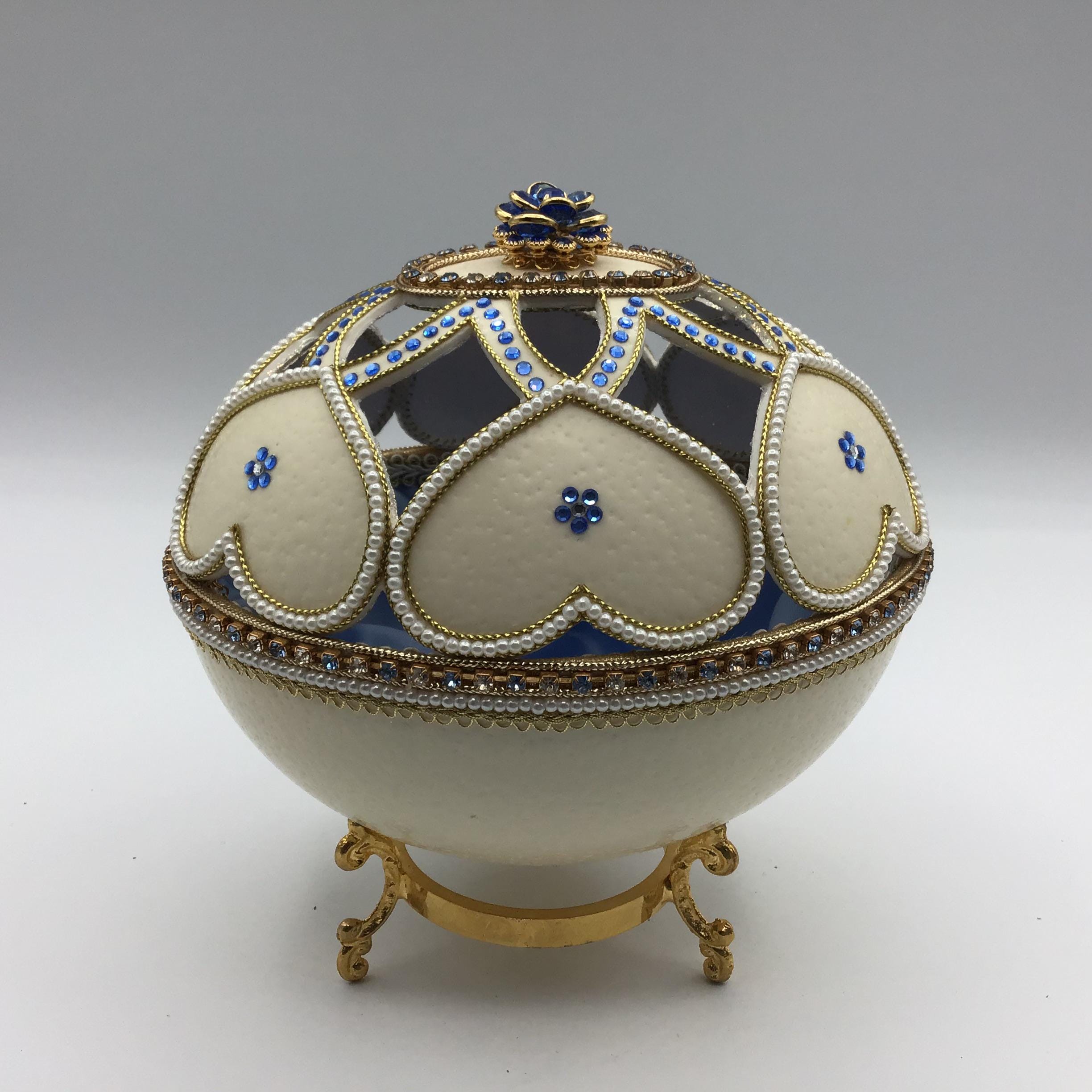 Carved Real Ostrich Egg Decorated with Swarovski Crystals, faux pearls and gold trimmings made by The Fabulous Eggs NIB