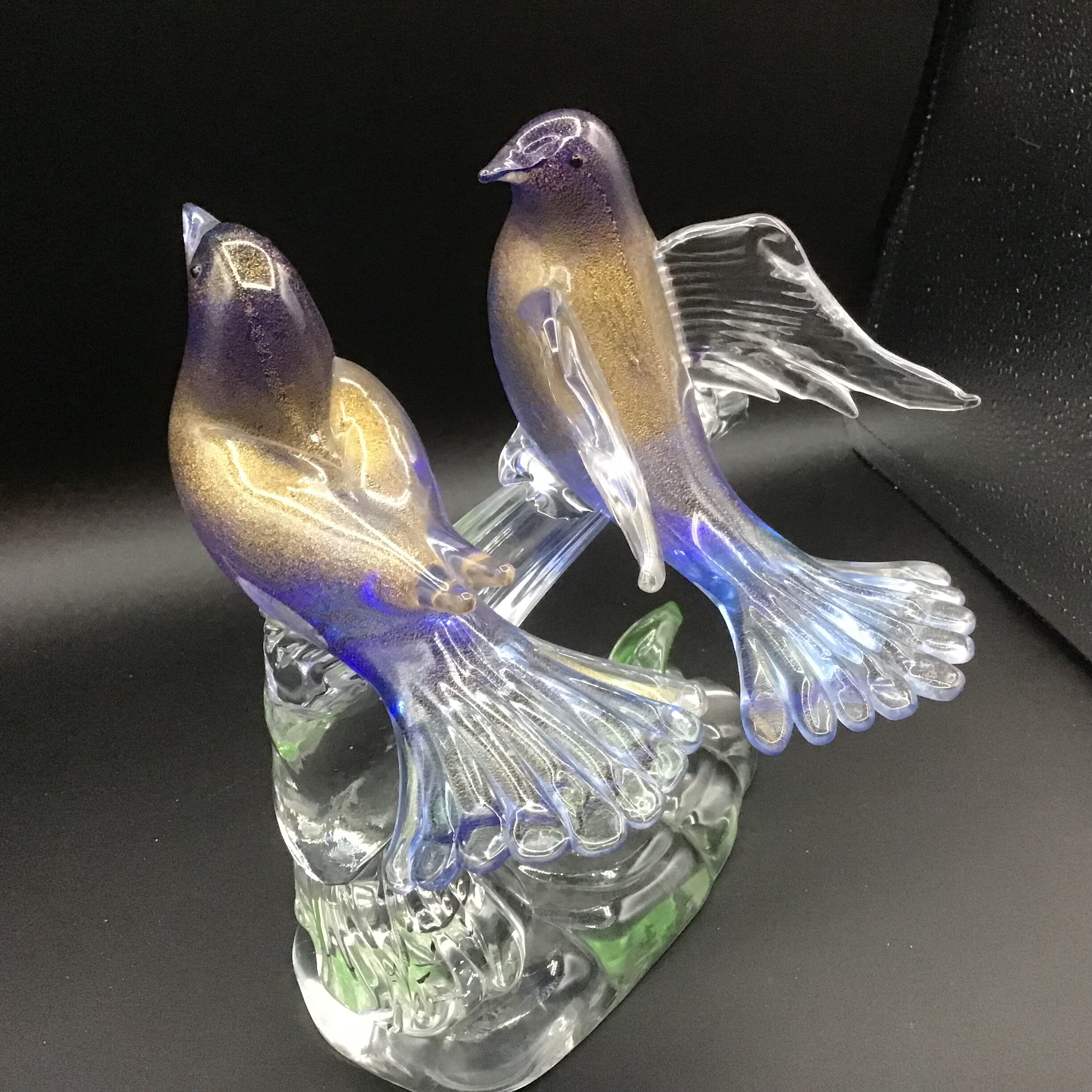 Vintage Murano Glass Birds Blue and Aventurine on Clear