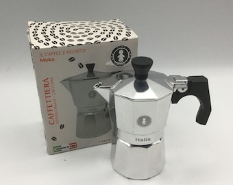 Vintage Sara Moka pot or stovetop espresso coffee maker, 1 cup of coffee. Never used. Excellent Condition. In Original box.
