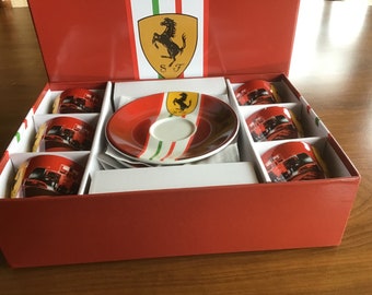 Set of Six Ferrari Scuderia Espresso cups and Saucers Formula One Race Car team. Still in Original Box. Never Used. Made in Italy.