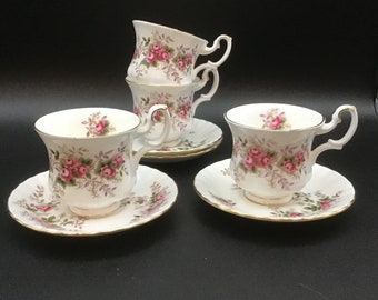 Set of 4 Royal Albert Lavender Rose, Pink, England: Demitasse Cup & Saucer - 2 5/8" Tall mini cups for espresso coffee.