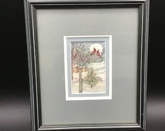 Finished Cross Stitch Framed Winter/Christmas scenes. Handmade. 3 Available. Each sold Separately. Artfully Framed in complimentary colors