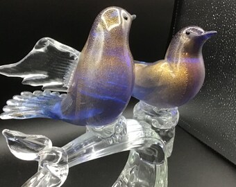 Vintage Murano Glass Birds Blue and Aventurine on Clear