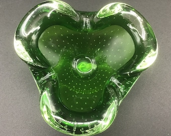 Vintage Murano glass bowl/ashtray Freeform deep green bullicante