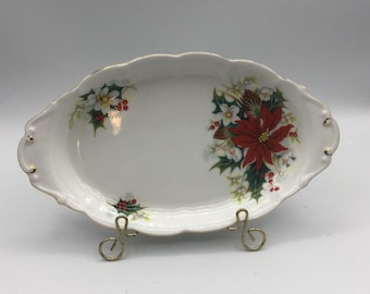 Vintage Christmas Poinsettia Oval Serving Dish with Gold Trim | Holiday Porcelain Platter