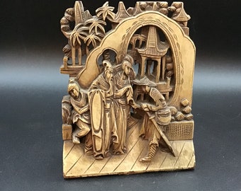 Antique Chinese Carved Wood Panel Tea Light Holder 6.5” Tall. 3D Carving.