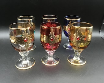 Vintage Multicolored Goblet Set, Hand-Gilded with Red Jewels